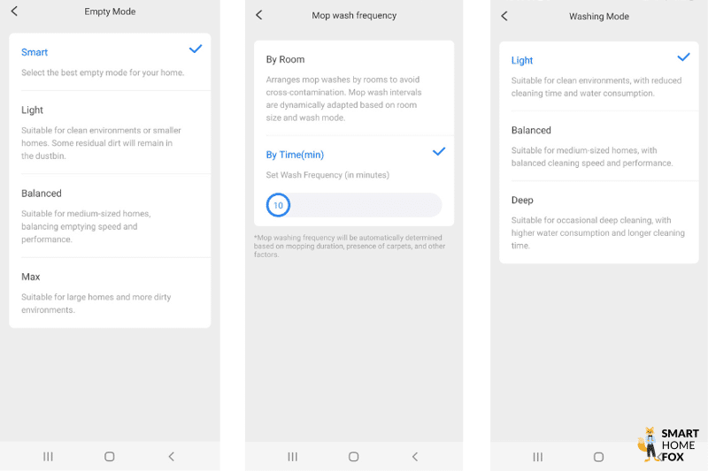 Diverse Einstellungen für die Arbeitsweise der Roborock S7 Pro Ultra Station sind zu sehen